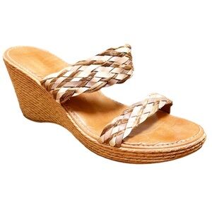 Italian Shoemakers tan leather woven straw slip on wedge heels size 7